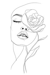 A creative illustration of a woman's face adorned with flowers, presented in a contemporary abstract one-line drawing style, embodies elegant modern minimalist art