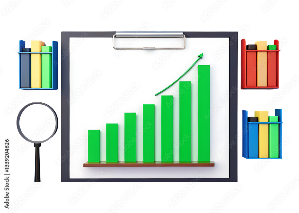 Aufkleber growth chart on clipboard with data boxes and magnifier.