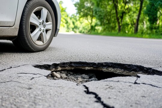 Large pothole on asphalt road, car tire near the damaged road surface.