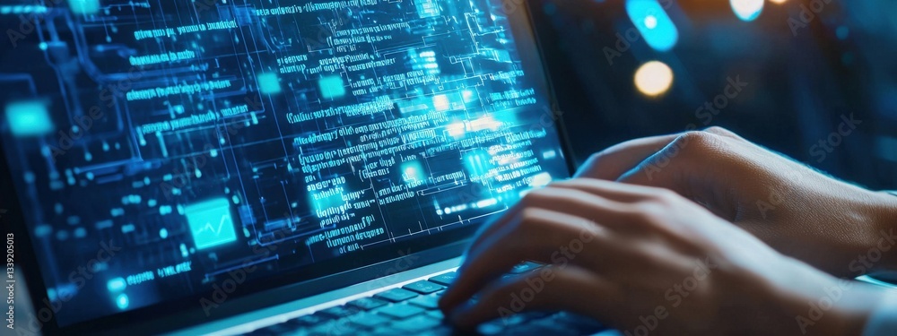 Poster hands typing on laptop with digital data and coding interface
