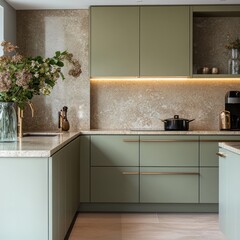 A modern kitchen with green cabinets and stone countertops
