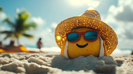 Fototapeta premium Happy Lemon Character Relaxing on a Sandy Beach Under Sunlight