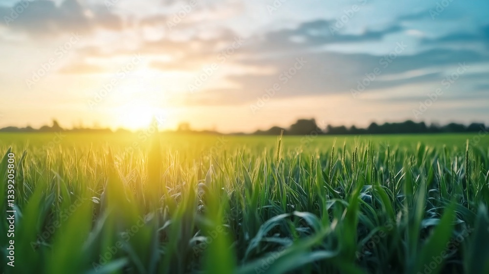 Fototapete Lush green fields stretch across the landscape with the sun setting in the background, illustrating the integration of modern agricultural practices and crop selection techniques in the countryside.