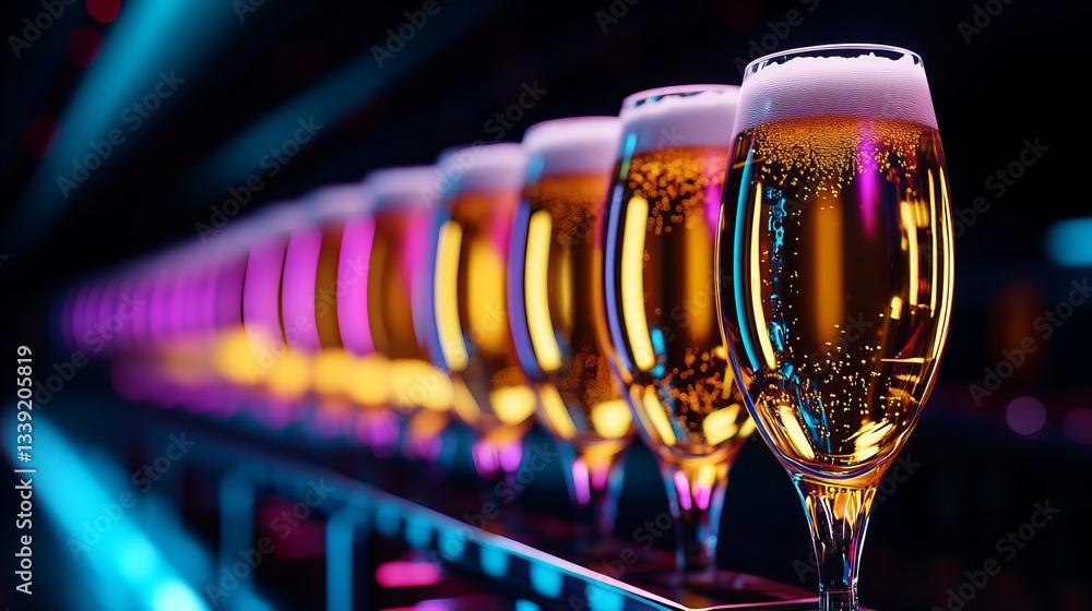 Poster row of filled beer glasses are presented in a dark setting with vibrant neon lighting highlighting t