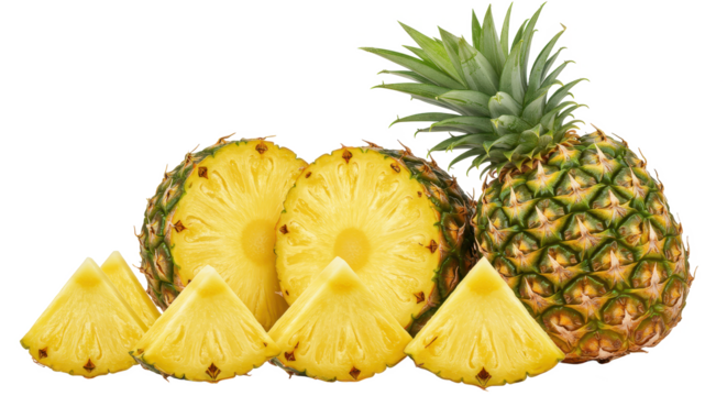 A vibrant display of pineapple slices and a whole fruit against a stark black background setting the stage