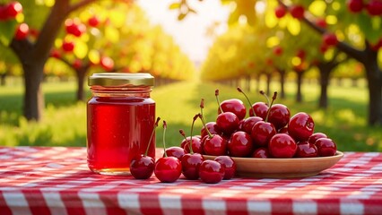 Vibrant jar of cherry jam on red-checkered tablecloth with sunny orchard background