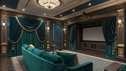 Luxurious Home Theater with Velvet Curtains, Plush Seating, Large Screen, and Ornate Chandelier – Elegant and Comfortable Movie Room Design
