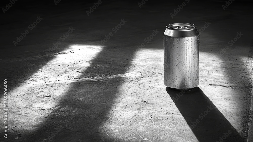 Poster A reflective aluminum can stands alone on a textured surface. Shadows form artistic patterns in low light, creating a striking visual contrast. The atmosphere is calm and minimalist.