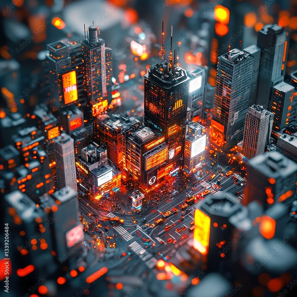 Poster illuminated night cityscape with data visualizations, glowing network connections overlaying vibrant