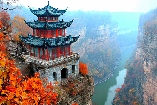 Traditional chinese pagoda on cliffside with autumn forest and river canyon scenic landscape in misty mountains