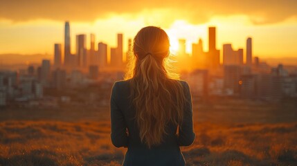 Woman silhouetted against sunset cityscape.