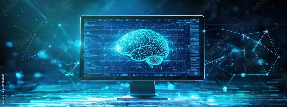 Poster futuristic computer screen displaying digital brain concept art