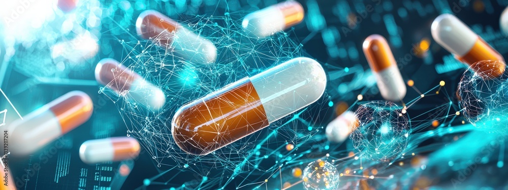 Poster 3d render of colorful capsules surrounded by digital elements