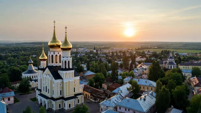 Aerial view of holy trinity st sergius nunnery at sunset in Murom, Russia, showcasing golden domes, urban landscape, and evening sky