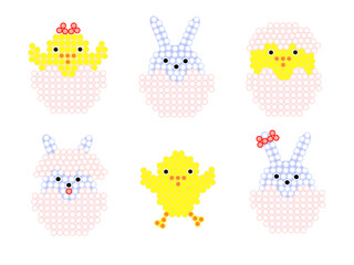 Mosaico de seis elementos. Pollitos de Pascua y conejitos en cáscara de huevo.