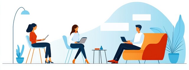 Naklejka premium Team Collaboration in Modern Office Setting with Laptops and Plants