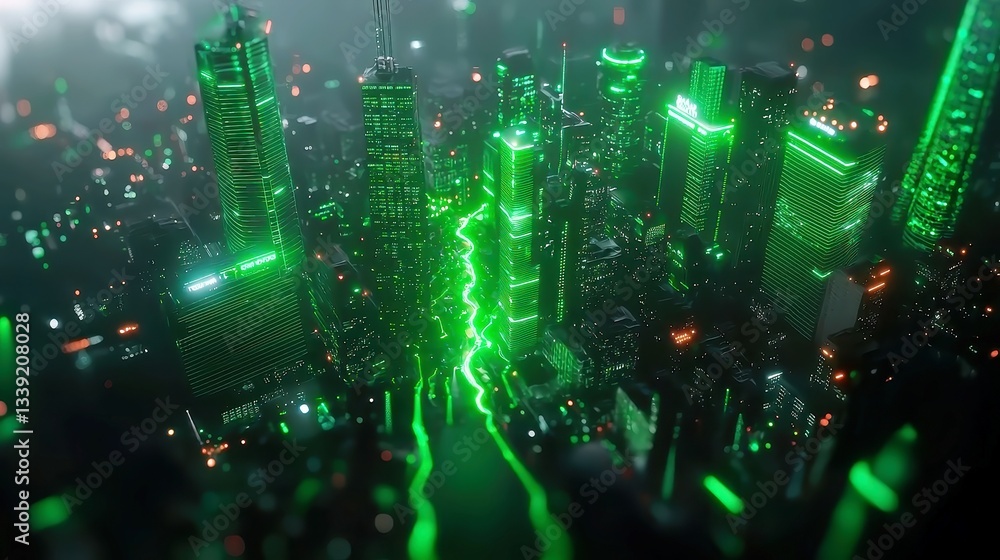 Poster futuristic aerial view of a bustling metropolis with vivid holographic data streams and intricate ne