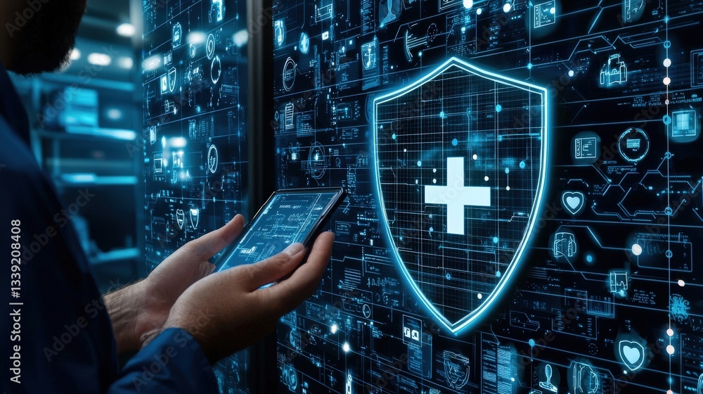 Poster digital security shield with health data on modern interface