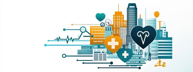 Obraz premium Urban Health Technology Concept with Modern Cityscape and Icons
