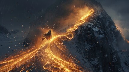Witch Flying Over Lava Flow Mountains at Night