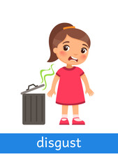 Disgust - concept of emotion.Little girl does not like the bad smell from the trash can. Learning English language. Children psychology. Cartoon character illustration