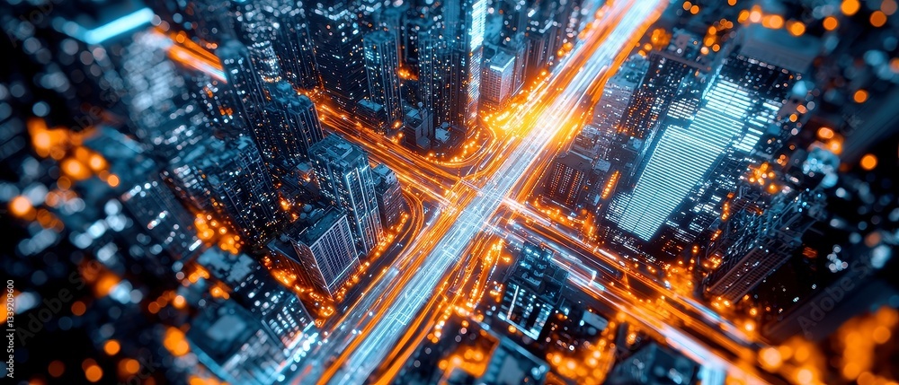 Poster illuminated digital cityscape, overhead view revealing vibrant grid patterns across urban structures