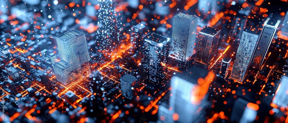 Poster illuminated cityscape overhead, vibrant digital grid patterns, warm and cool lighting creating depth