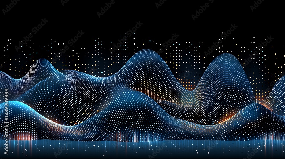 Poster abstract data waveform visualization with glowing particle grid and dark background