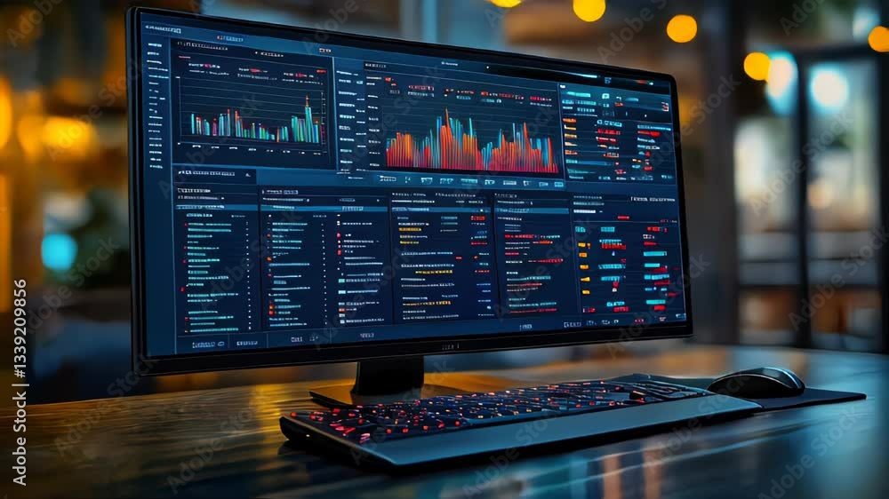 Poster a business analyst working on a futuristic computer dashboard displaying financial graphs, charts, a