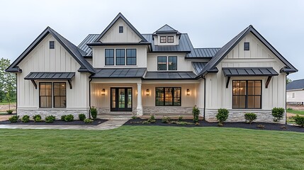 Obraz premium Modern farmhouse exterior, white siding, black trim, metal roof.