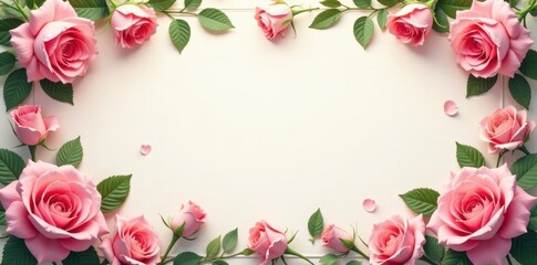Fototapeta premium Classic rose & leaf border, soft light, romantic aesthetic, image, leaves, subtle