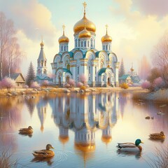 Obraz premium Dreamlike Reflection of a Cathedral in a Still Lake