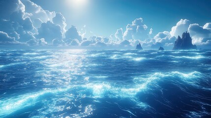 Fototapeta premium A dreamlike ocean with glowing waves and floating islands in the distance