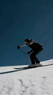 Dynamic skiing adventure: athlete carves through fresh powder on steep mountain slope