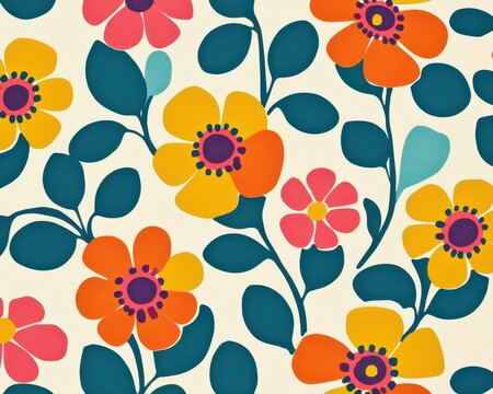 70s wallpaperstyle bold floral pattern with vibrant, playful outlines
