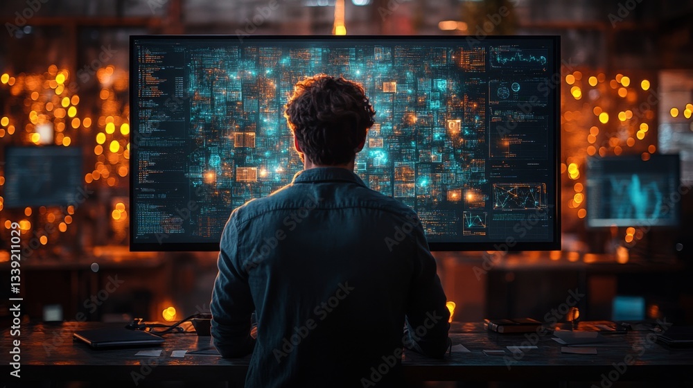 Poster A person analyzes complex quantum computing data on a large screen, surrounded by warm lighting and a tech-oriented workspace, contemplating encryption and security measures against eavesdropping.