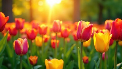 Obraz premium Sunlit field of colorful tulips, perfect Easter spring backdrop , illustration, backdrop, bright