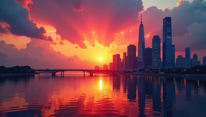 Fototapeta premium Fiery sunset over skyscrapers, reflecting on water , cityscape, blue, red