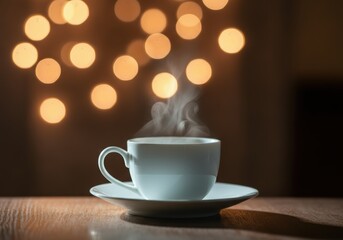 Obraz premium Steaming cup of coffee on a saucer with a warm bokeh background
