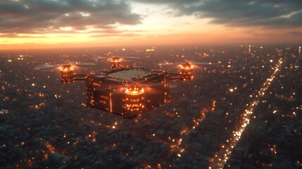 Futuristic drone delivering package over cityscape at sunset.