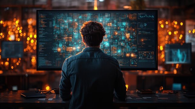 A person analyzes complex quantum computing data on a large screen, surrounded by warm lighting and a tech-oriented workspace, contemplating encryption and security measures against eavesdropping.