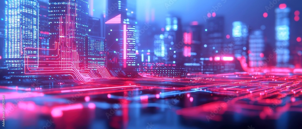 Poster futuristic cityscape at night, illuminated skyscrapers glow with neon data streams, intricate detail