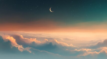 Fototapeta premium Moon rises over serene clouds at twilight hour