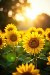 Vibrant sunflowers bathed in golden sunlight, summer landscape , sunflowers, bright, picture