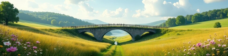 Fototapeta premium Seven-hued bridge over tranquil pasture, wildflowers , orange, violet