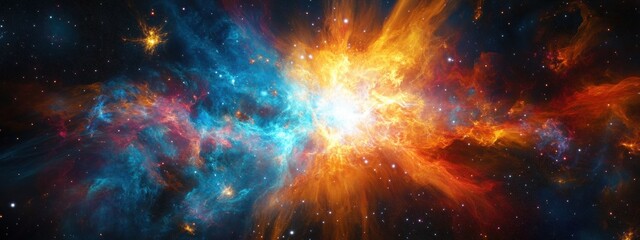 Colorful bursts of light from supernova explosions symbolize cosmic death and rebirth among distant galaxies and stars in the universe's majestic display