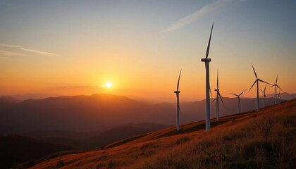 Obraz premium Sunset over Wind Turbines on Mountain Ridge: A Stunning View of Renewable Energy