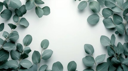 Eucalyptus Leaves Frame on White Background - Greenery Flat Lay