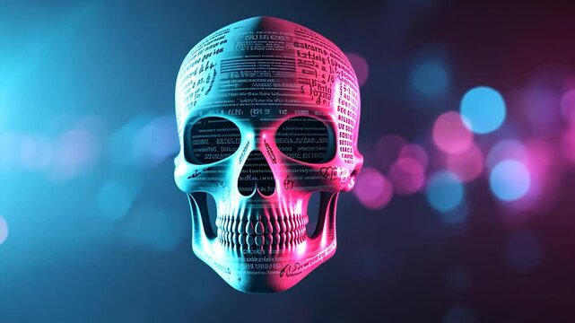 Futuristic skull with glowing text patterns against a vibrant bokeh background