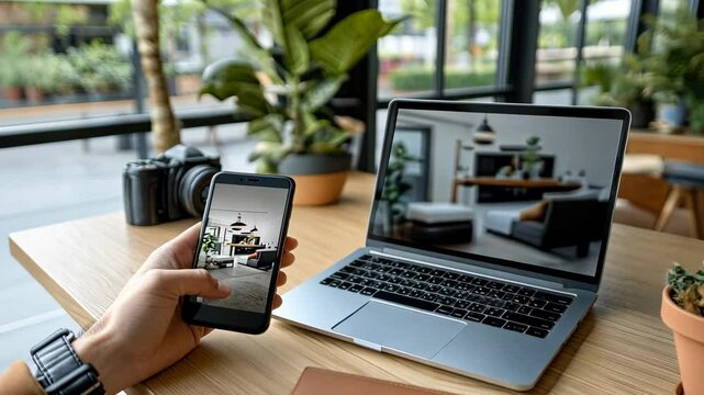 Taking a picture of interior design on a phone by a laptop with a camera, notepad, and various plants on a desk at a cafe during the day